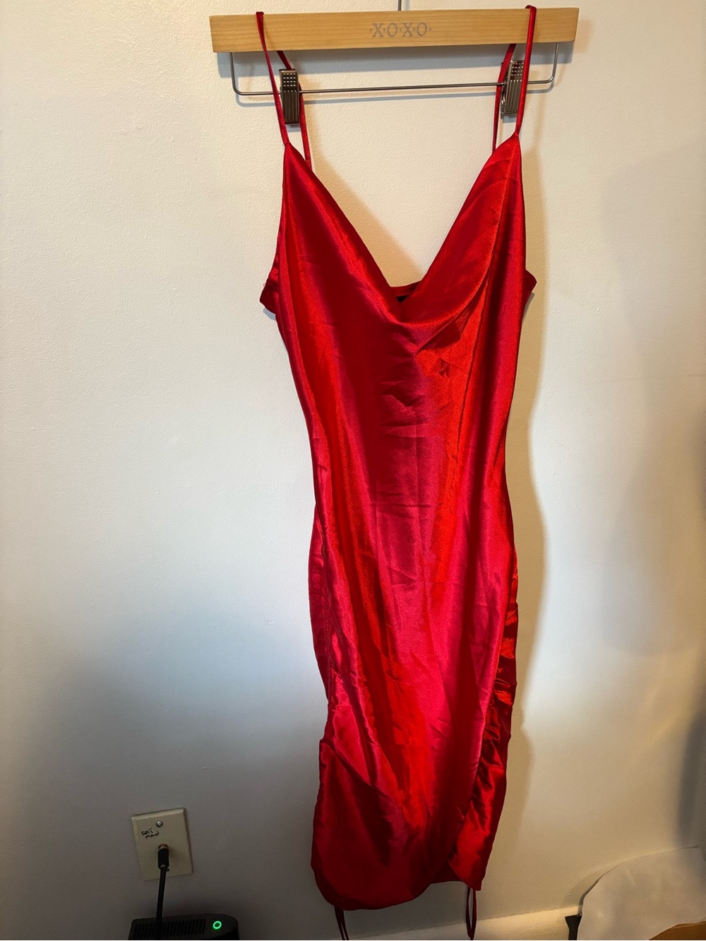 Crystal Doll Red Satin Cowl Midi Slip Dress